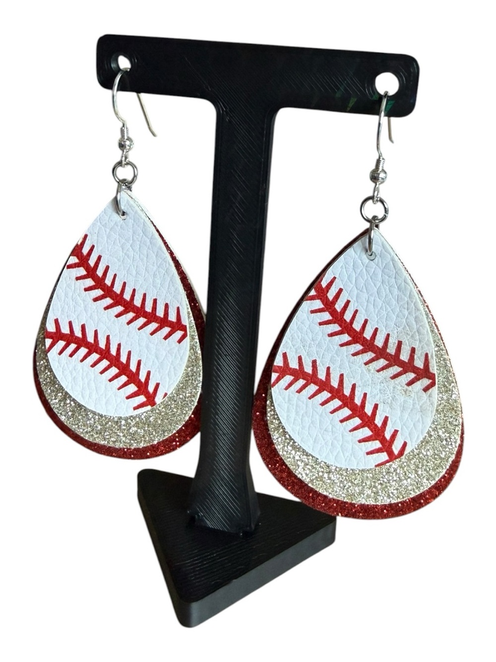 Source Unknown White, Red & Gold Teardrop Baseball Stitch Earrings